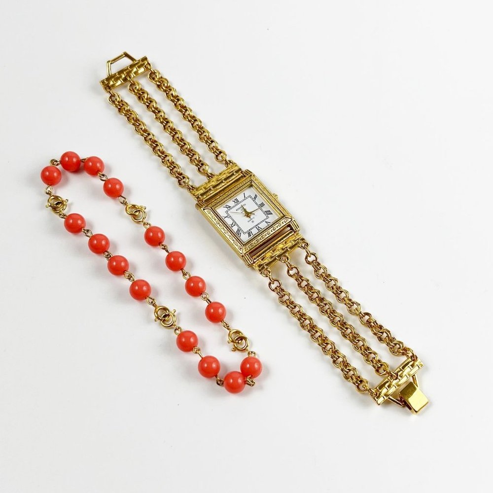 Vintage Kenneth Jay Lane Kjl Gold Tone Faux Coral Beads Bracelet Watch